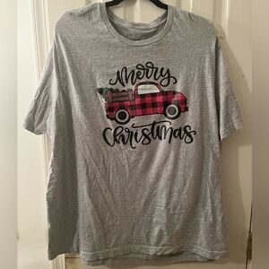 3X Gray Merry Christmas T-Shirt with Red Plaid Truck
